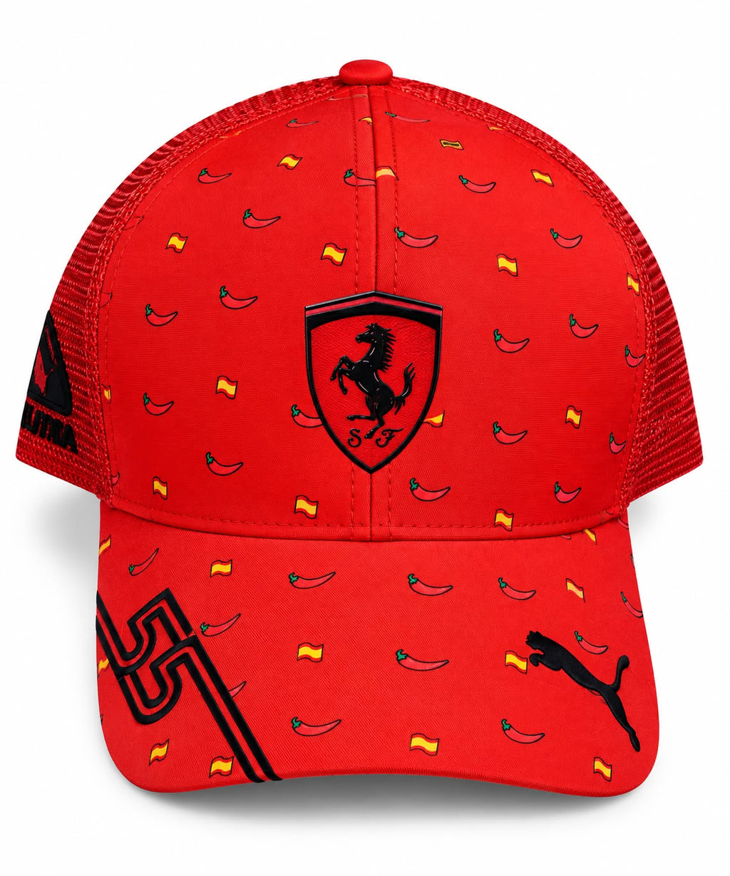 Gorra trucker DERRAPA Ferrari Santander negro y rojo, vista 2, sobre fondo blanco