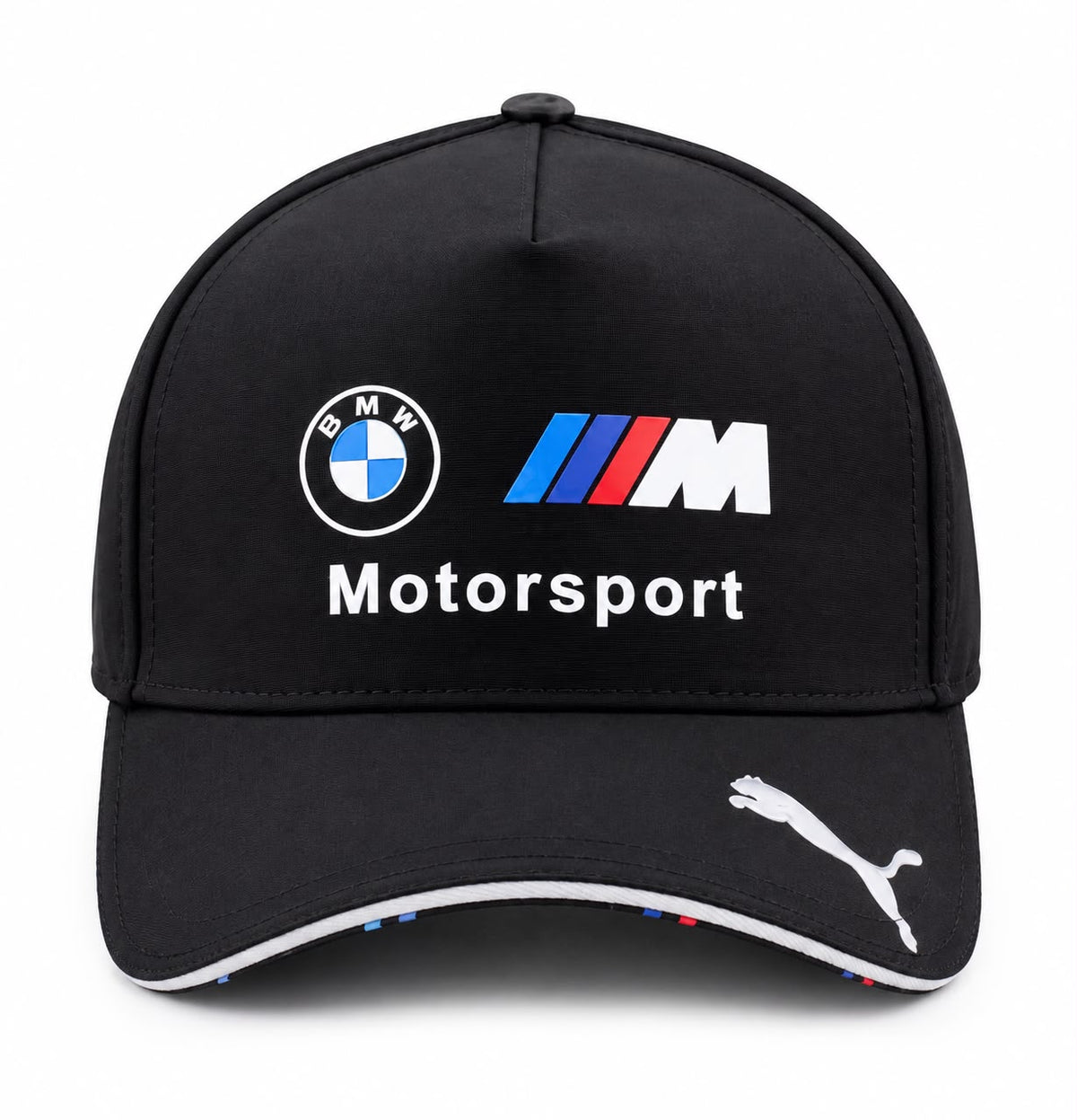 Gorra DERRAPA BMW M Motorsport Negro con logo a color, vista frontal, sobre fondo blanco