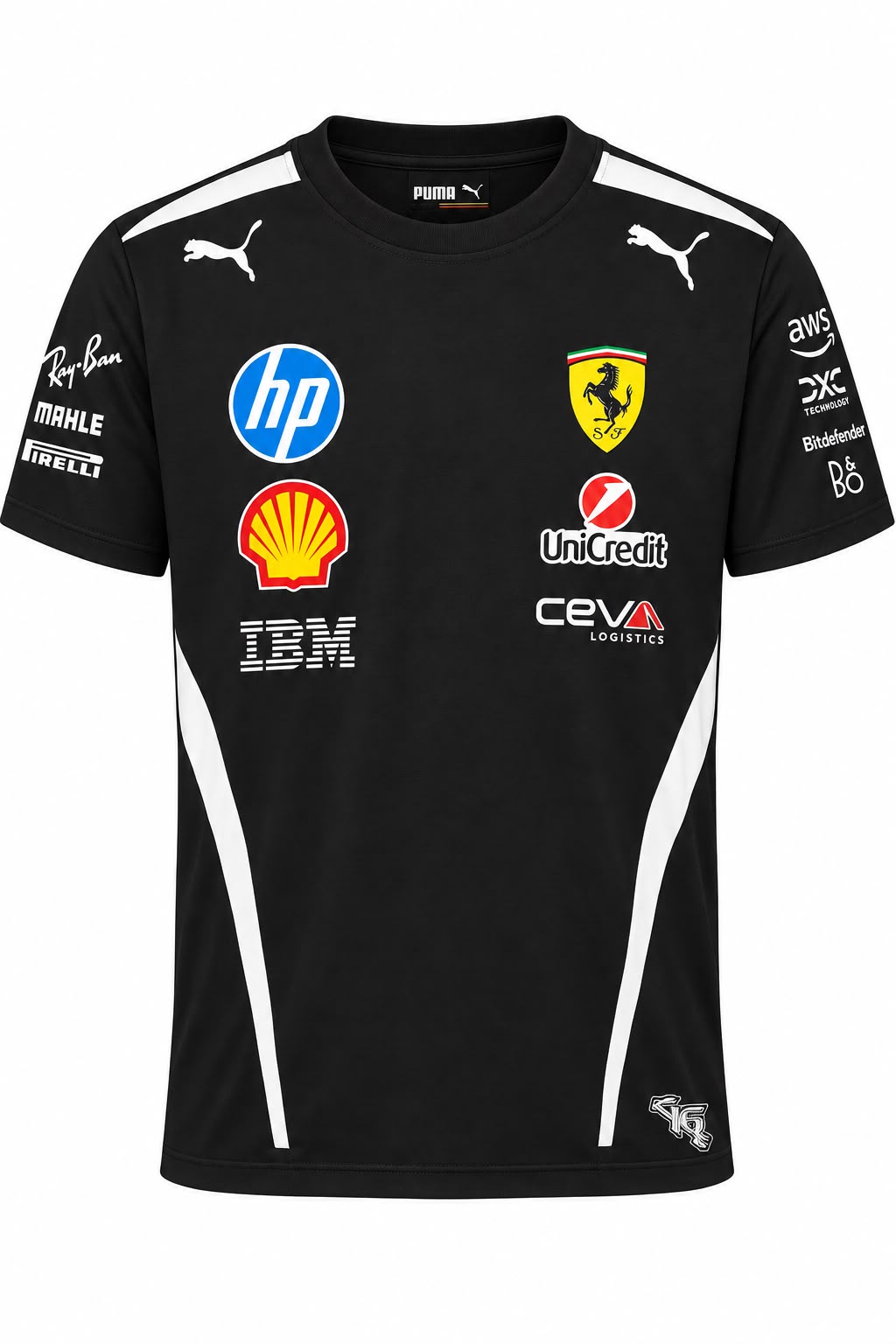 Camiseta DERRAPA Ferrari Negro con detalles blancos, vista frontal, sobre fondo blanco