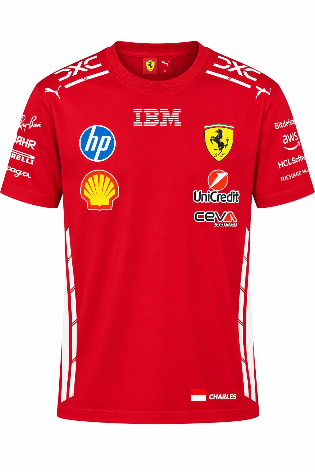 Camiseta DERRAPA Ferrari Rojo con líneas blancas, vista frontal, sobre fondo blanco