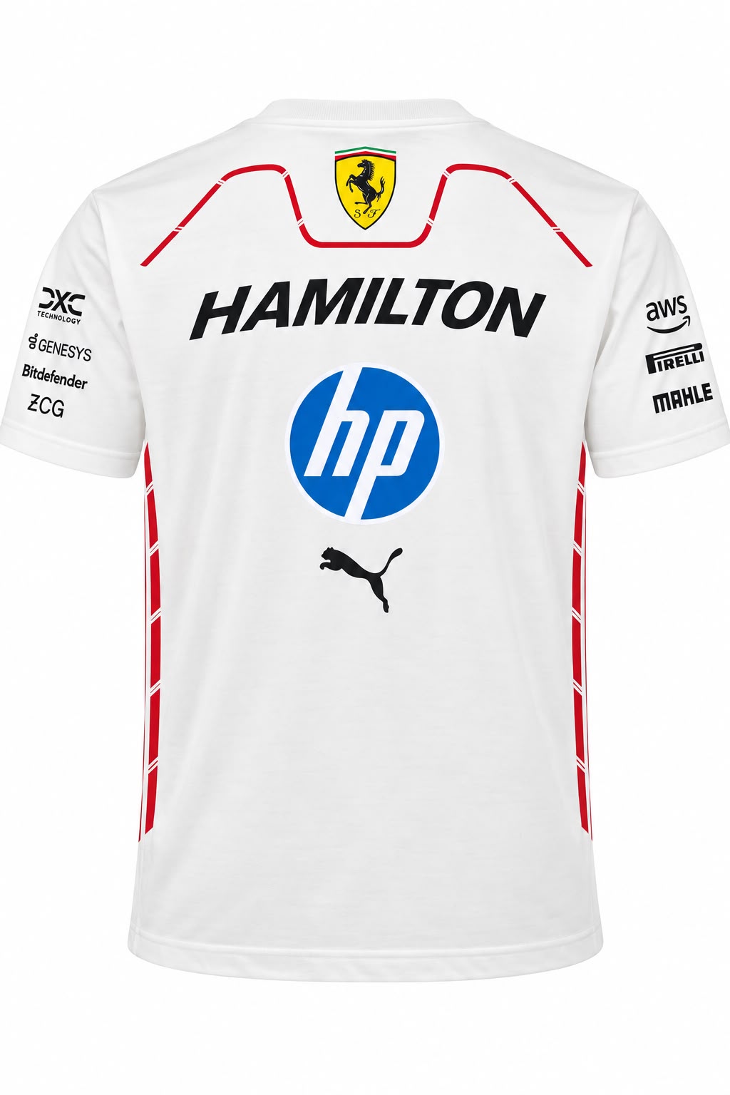 Camiseta DERRAPA Ferrari Blanco con líneas rojas, vista frontal, sobre fondo blanco