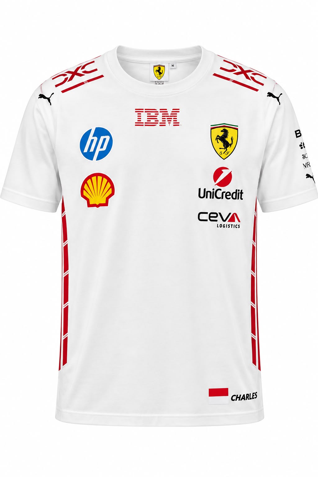 Camiseta DERRAPA Ferrari Blanco con líneas rojas, vista frontal, sobre fondo blanco
