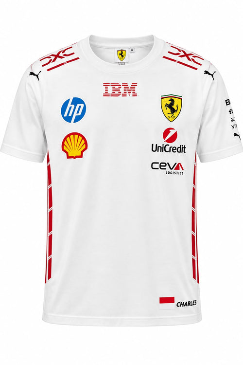Camiseta DERRAPA Ferrari Blanco con líneas rojas, vista frontal, sobre fondo blanco