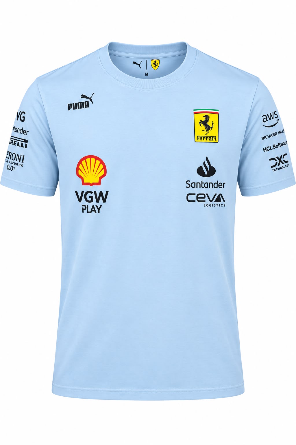 Camiseta DERRAPA Ferrari Azul cielo, vista frontal, sobre fondo blanco