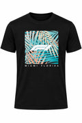 Camiseta DERRAPA Formula 1 Negro con estampa de palmas turquesa y salmón, vista frontal, sobre fondo blanco