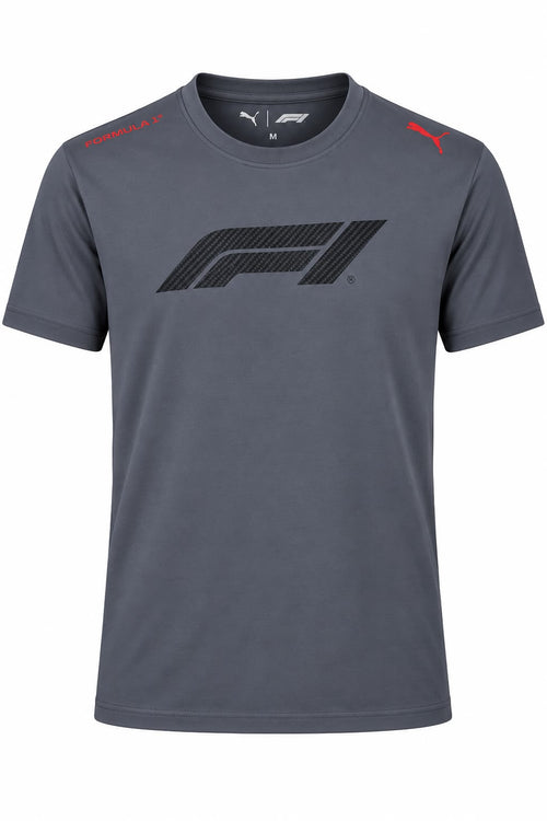 Camiseta DERRAPA Formula 1 Gris oscuro con logo grande negro, vista frontal, sobre fondo blanco