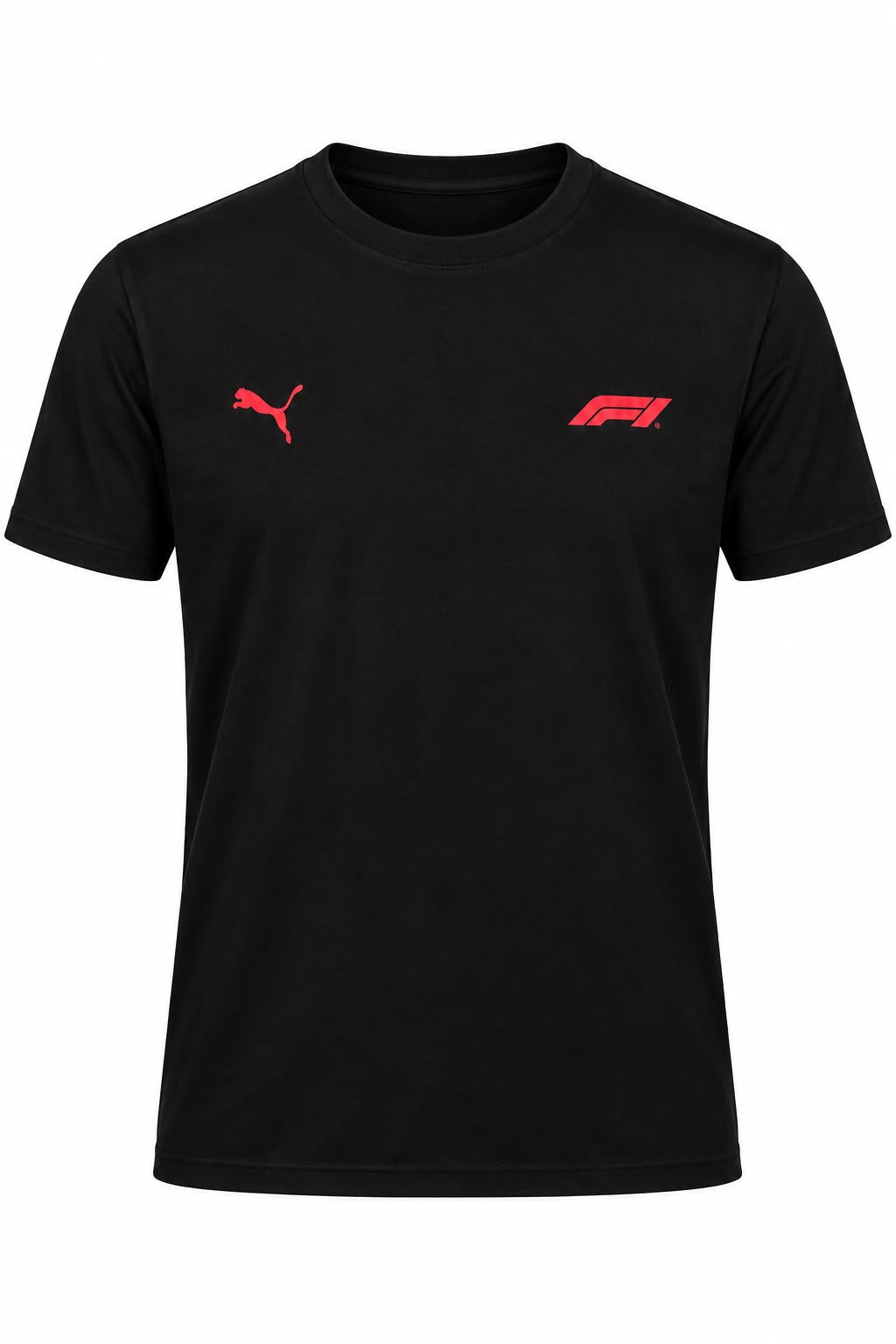 Camiseta DERRAPA Formula 1 Negro con logos rojos, vista frontal, sobre fondo blanco