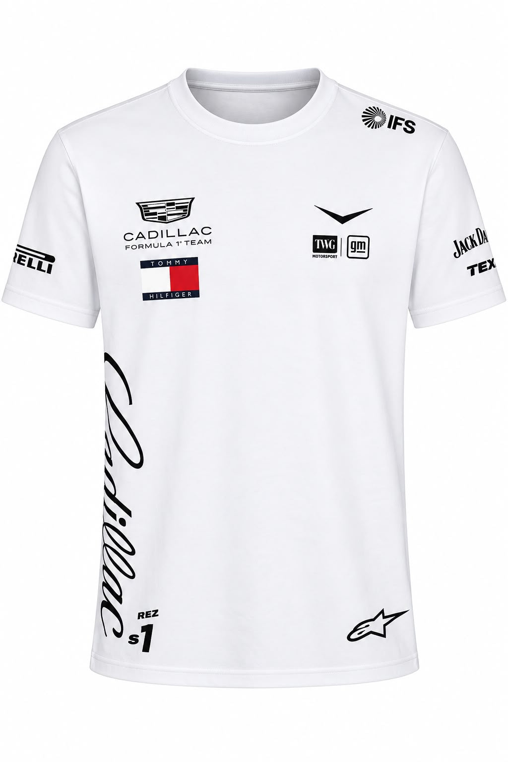 Camiseta DERRAPA Cadillac Blanco con letras negras, vista frontal, sobre fondo blanco