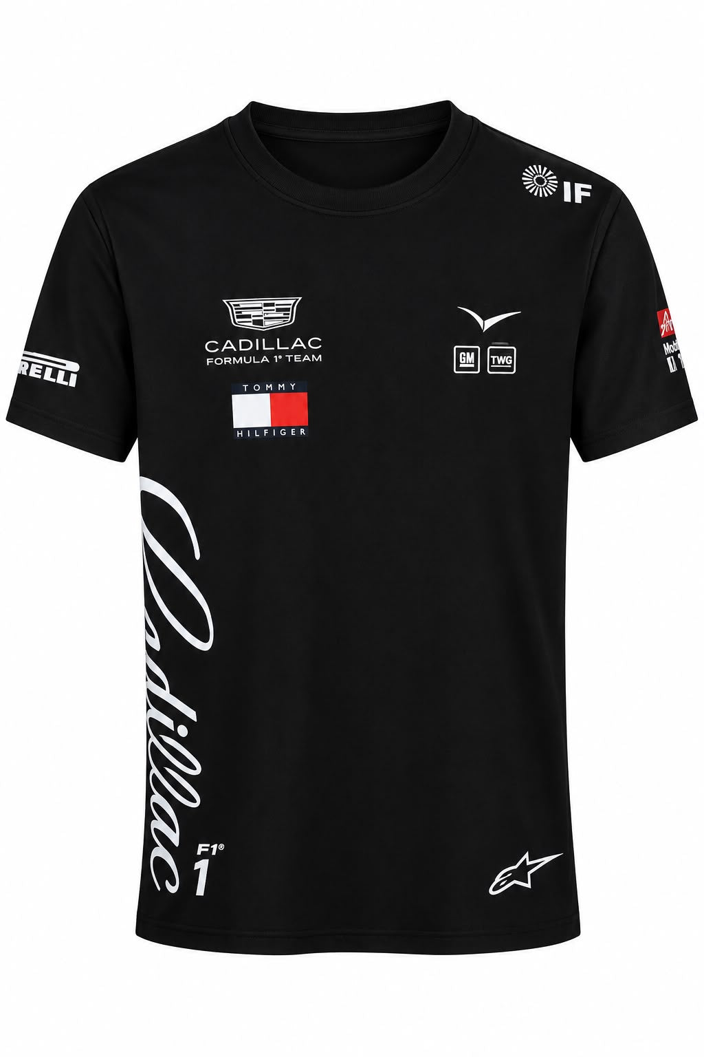 Camiseta DERRAPA Cadillac Negro con letras blancas, vista frontal, sobre fondo blanco