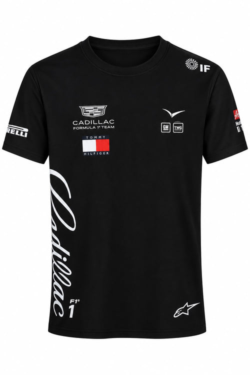 Camiseta DERRAPA Cadillac Negro con letras blancas, vista frontal, sobre fondo blanco