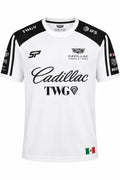 Camiseta DERRAPA Cadillac Blanco con hombros negros, vista frontal, sobre fondo blanco