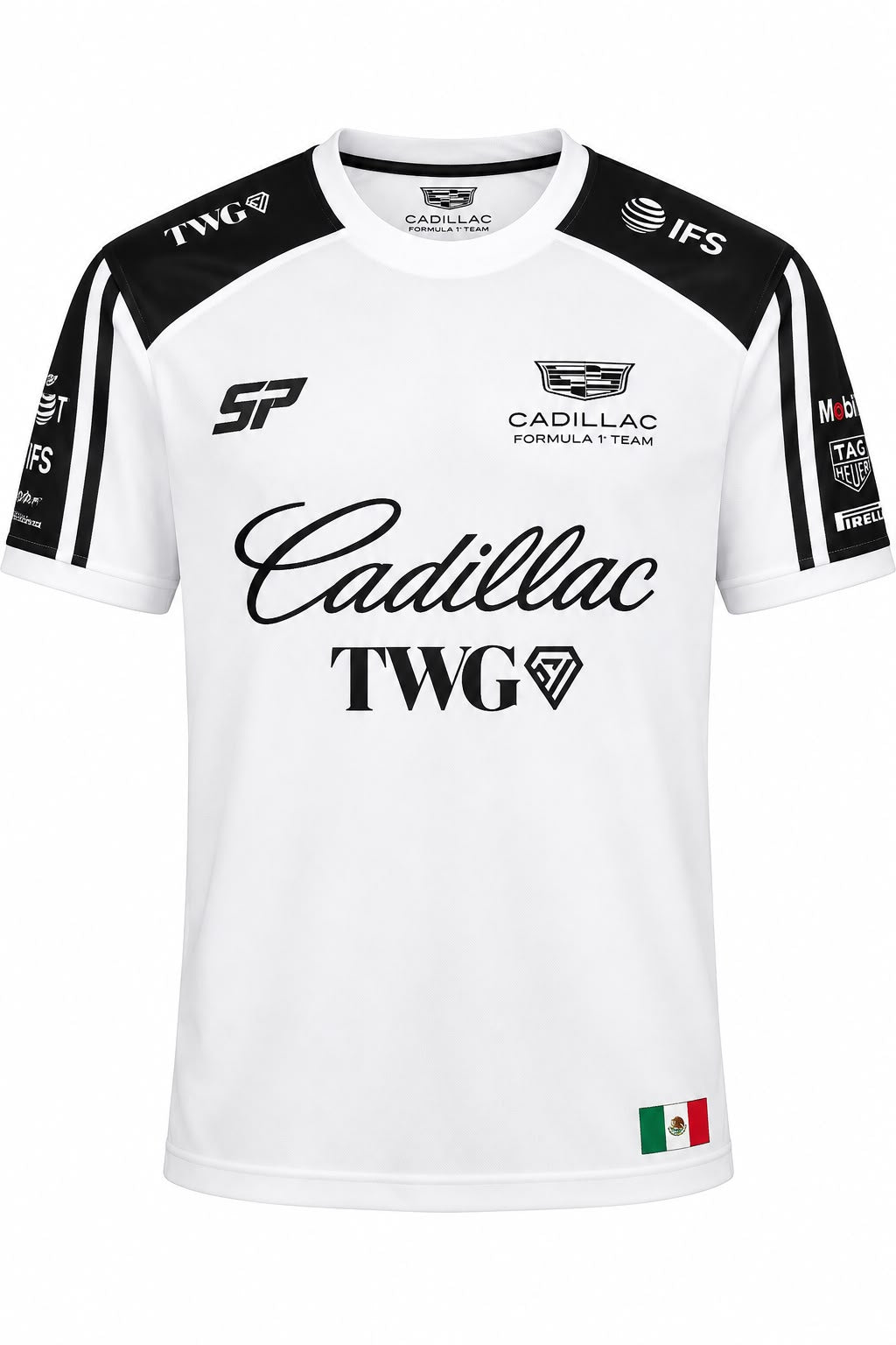 Camiseta DERRAPA Cadillac Blanco con hombros negros, vista frontal, sobre fondo blanco