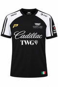 Camiseta DERRAPA Cadillac Negro con hombros blancos, vista frontal, sobre fondo blanco