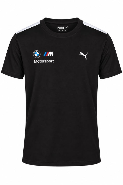 Camiseta DERRAPA BMW M Motorsport Negro con hombros blancos, vista frontal, sobre fondo blanco