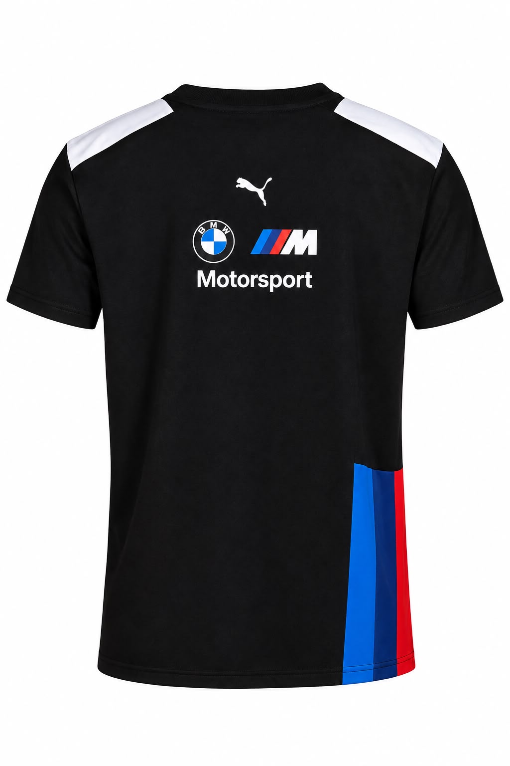 Camiseta DERRAPA BMW M Motorsport Negro con franja azul, celeste y roja, vista 2, sobre fondo blanco