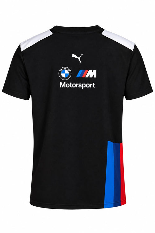 Camiseta DERRAPA BMW M Motorsport Negro con franja azul, celeste y roja, vista 2, sobre fondo blanco