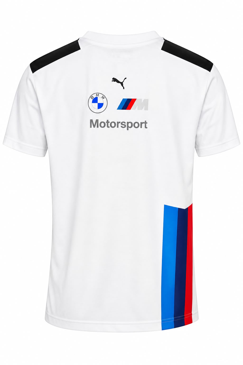 Camiseta DERRAPA BMW M Motorsport Blanco con hombros negros y franja azul y roja, vista 2, sobre fondo blanco
