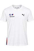 Camiseta DERRAPA BMW M Motorsport Blanco con hombros negros y franja azul y roja, vista frontal, sobre fondo blanco
