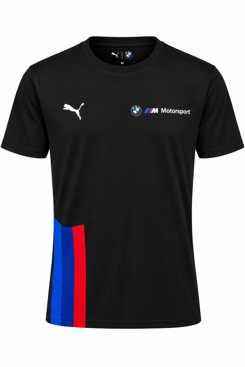 Camiseta DERRAPA BMW M Motorsport Negro con franja azul, celeste y roja, vista frontal, sobre fondo blanco
