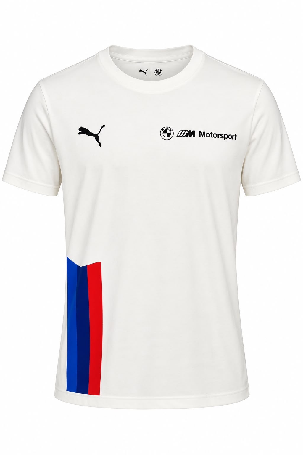 Camiseta DERRAPA BMW M Motorsport Blanco hueso con franja azul y roja, vista frontal, sobre fondo blanco