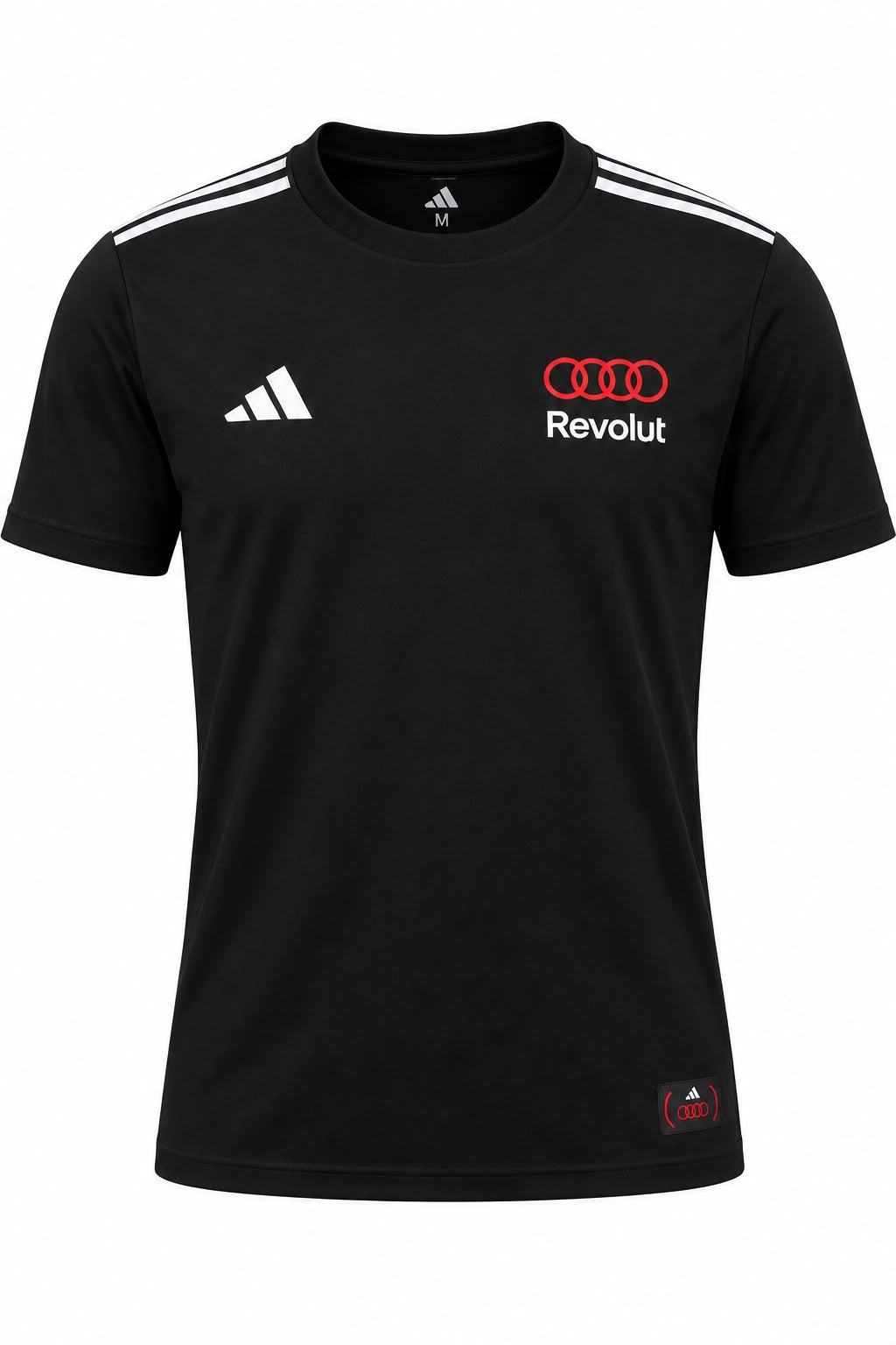 Camiseta DERRAPA Audi Revolut Negro con rojo y blanco, vista frontal, sobre fondo blanco