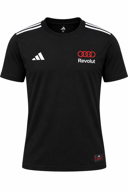Camiseta DERRAPA Audi Revolut Negro con rojo y blanco, vista frontal, sobre fondo blanco