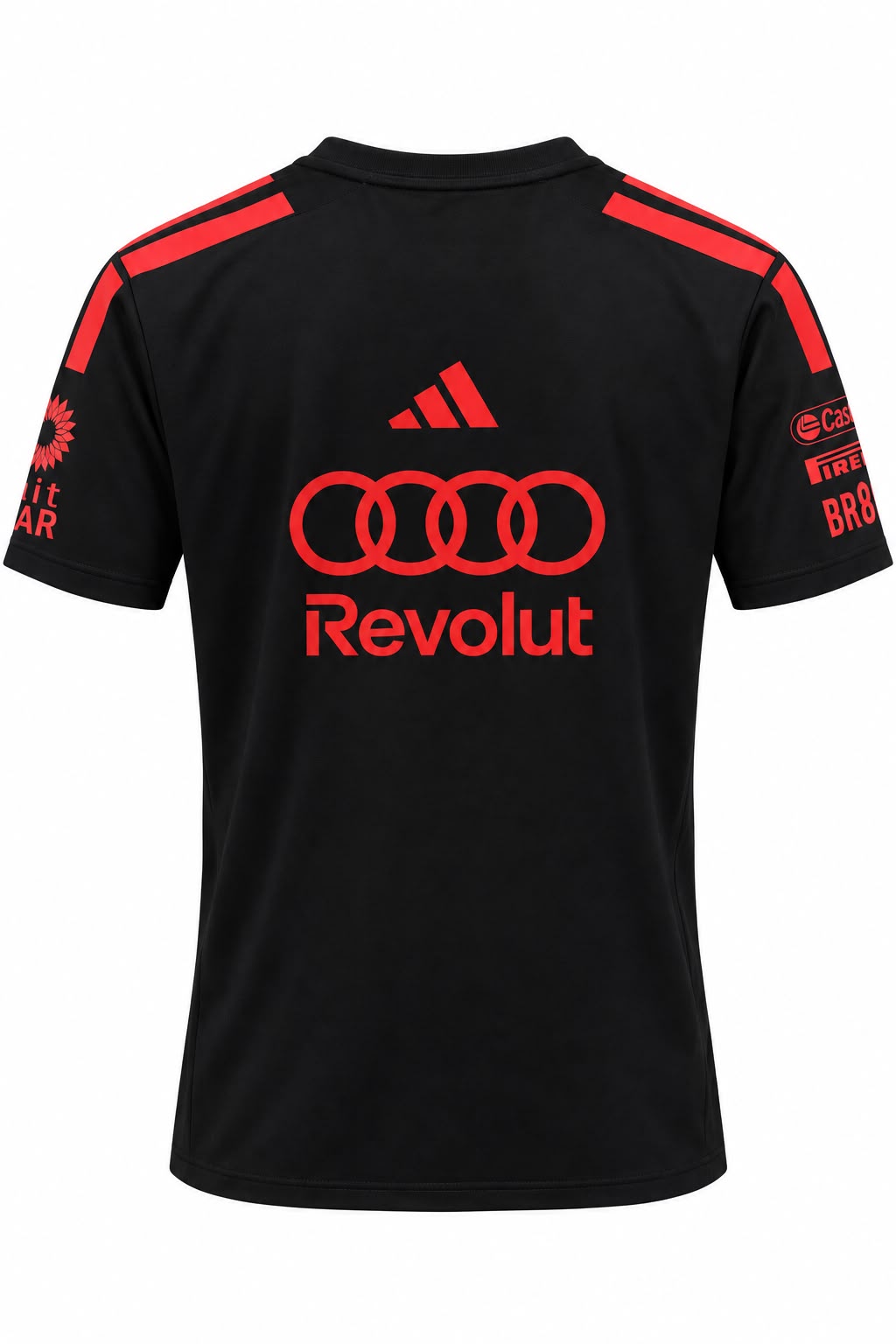 Camiseta DERRAPA Audi Revolut Negro con estampa roja, vista frontal, sobre fondo blanco