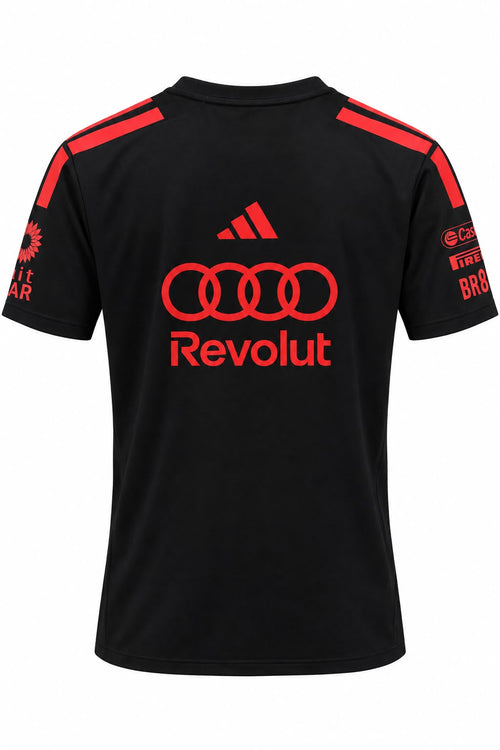 Camiseta DERRAPA Audi Revolut Negro con estampa roja, vista frontal, sobre fondo blanco