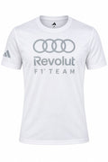 Camiseta DERRAPA Audi Revolut Blanco con estampa gris, vista frontal, sobre fondo blanco