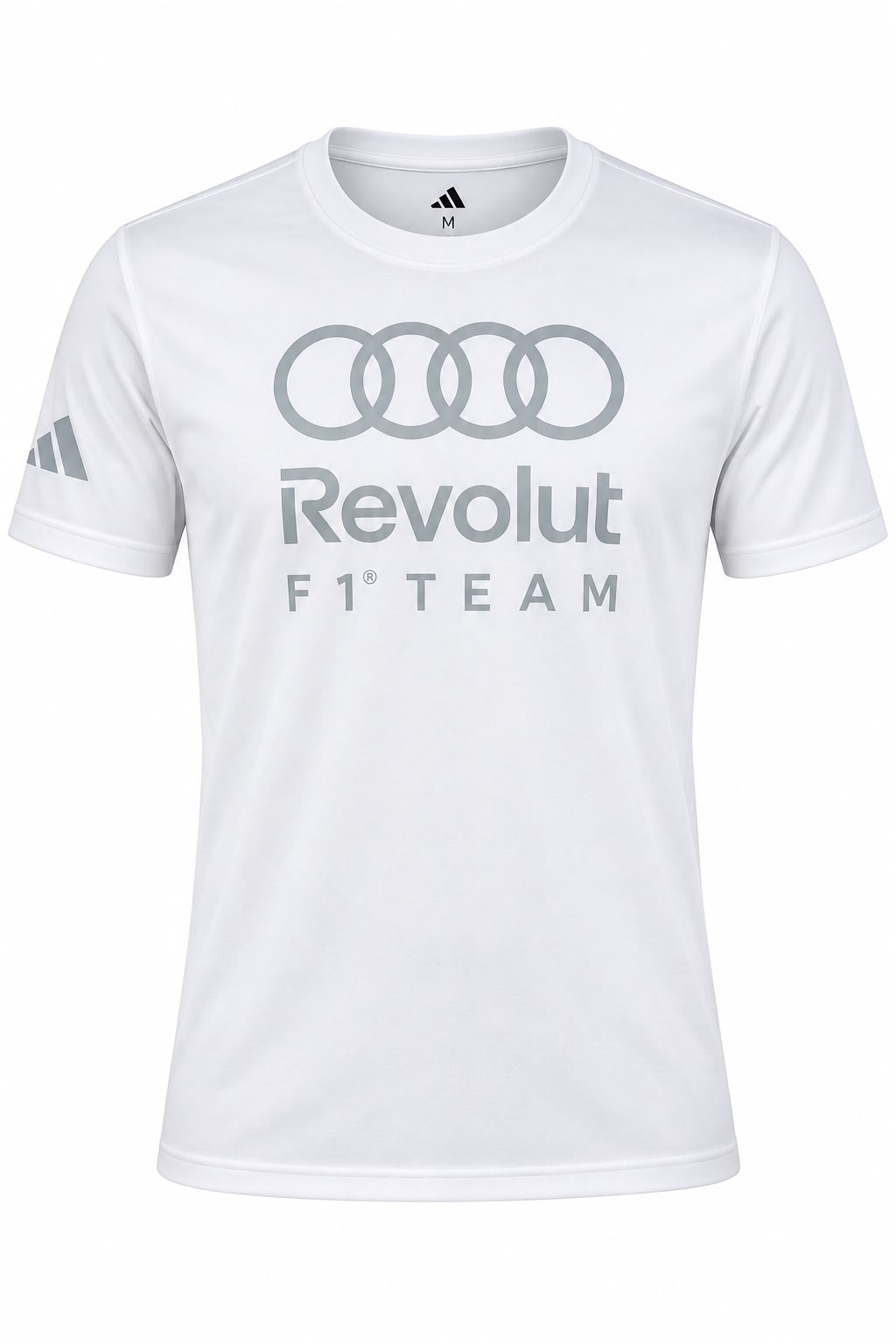 Camiseta DERRAPA Audi Revolut Blanco con estampa gris, vista frontal, sobre fondo blanco