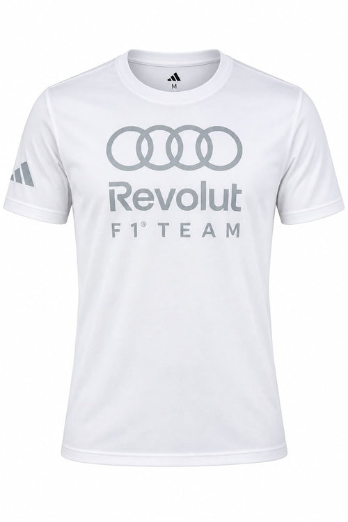 Camiseta DERRAPA Audi Revolut Blanco con estampa gris, vista frontal, sobre fondo blanco