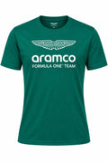 Camiseta DERRAPA Aston Martin Aramco Verde inglés con estampa blanca, vista frontal, sobre fondo blanco