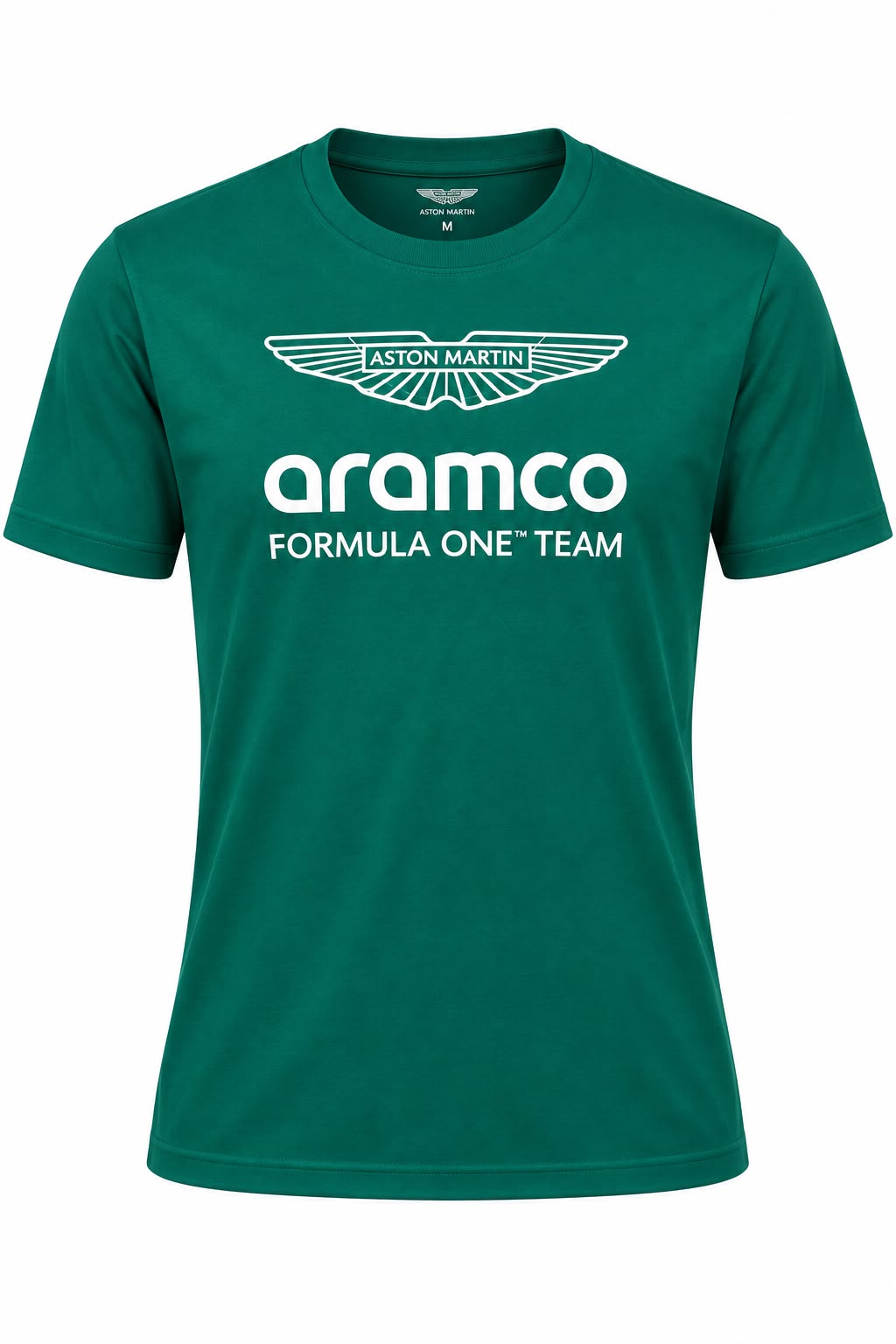 Camiseta DERRAPA Aston Martin Aramco Verde inglés con estampa blanca, vista frontal, sobre fondo blanco