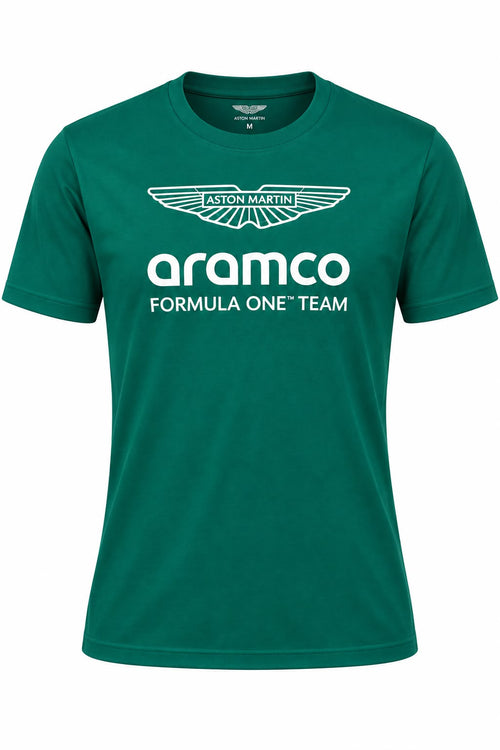 Camiseta DERRAPA Aston Martin Aramco Verde inglés con estampa blanca, vista frontal, sobre fondo blanco