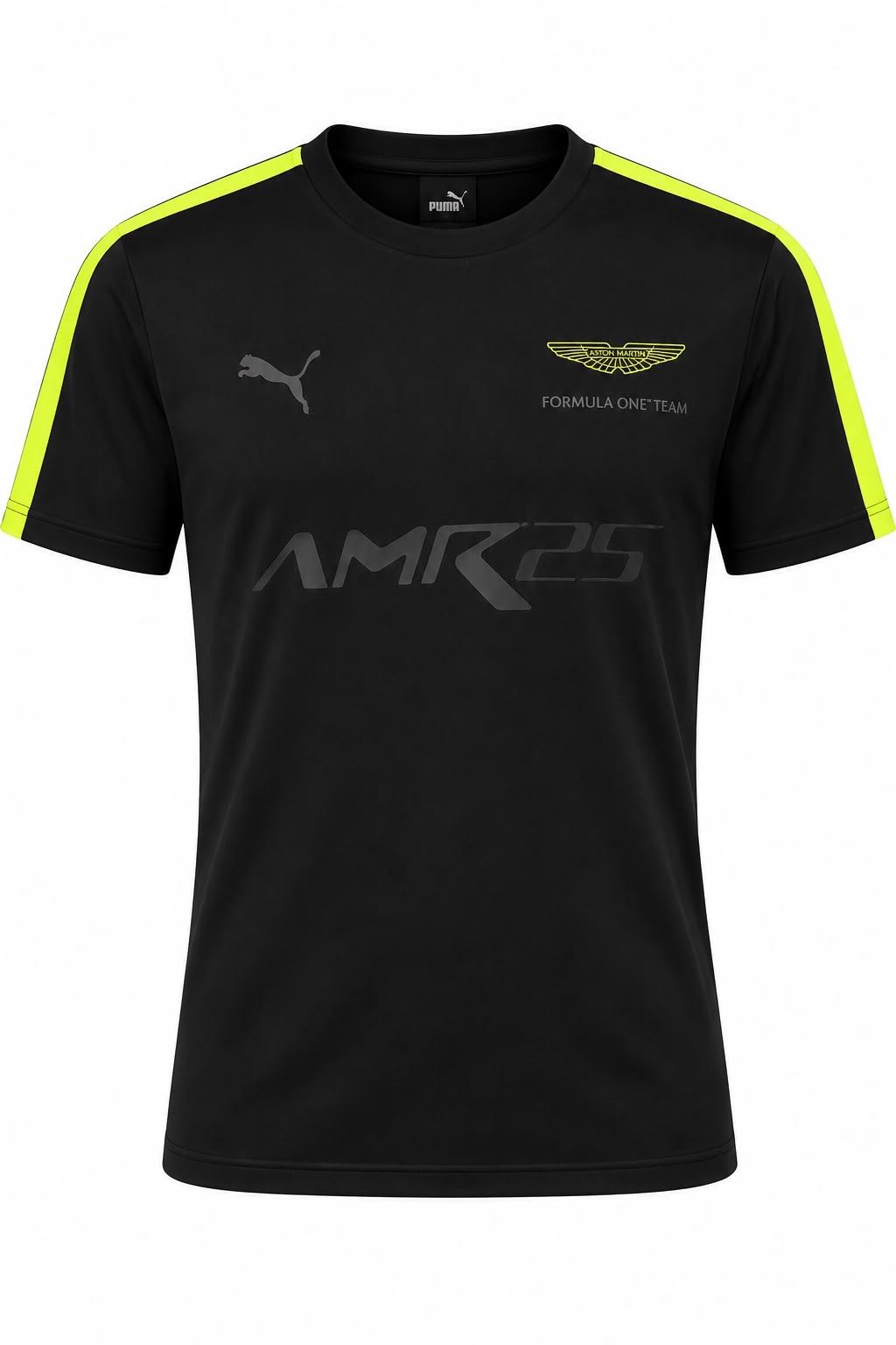 Camiseta DERRAPA Aston Martin Negro con verde neón, vista frontal, sobre fondo blanco