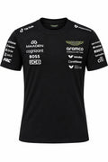Camiseta DERRAPA Aston Martin Aramco Negro con logos blancos y verde neón, vista frontal, sobre fondo blanco