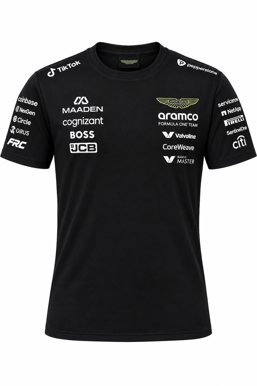 Camiseta DERRAPA Aston Martin Aramco Negro con logos blancos y verde neón, vista frontal, sobre fondo blanco