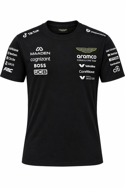 Camiseta DERRAPA Aston Martin Aramco Negro con logos blancos y verde neón, vista frontal, sobre fondo blanco