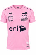 Camiseta DERRAPA BWT Alpine Rosado con logos azul oscuro, vista frontal, sobre fondo blanco