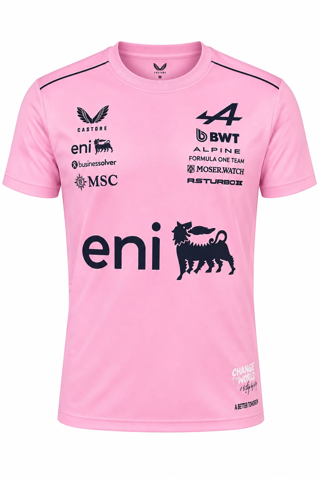 Camiseta DERRAPA BWT Alpine Rosado con logos azul oscuro, vista frontal, sobre fondo blanco