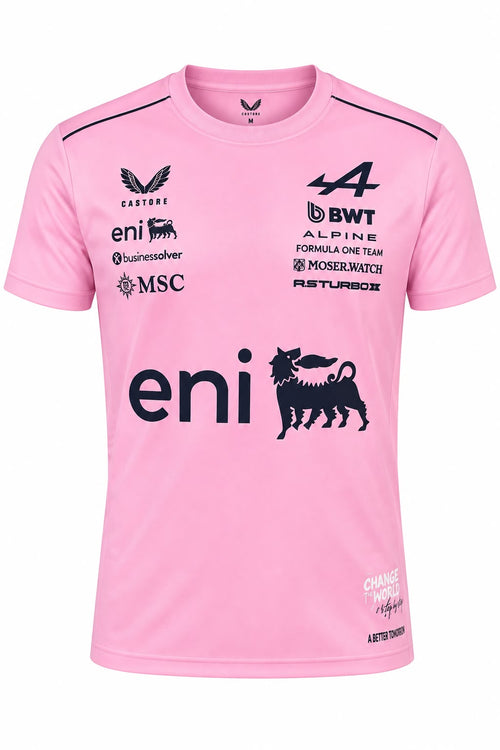 Camiseta DERRAPA BWT Alpine Rosado con logos azul oscuro, vista frontal, sobre fondo blanco