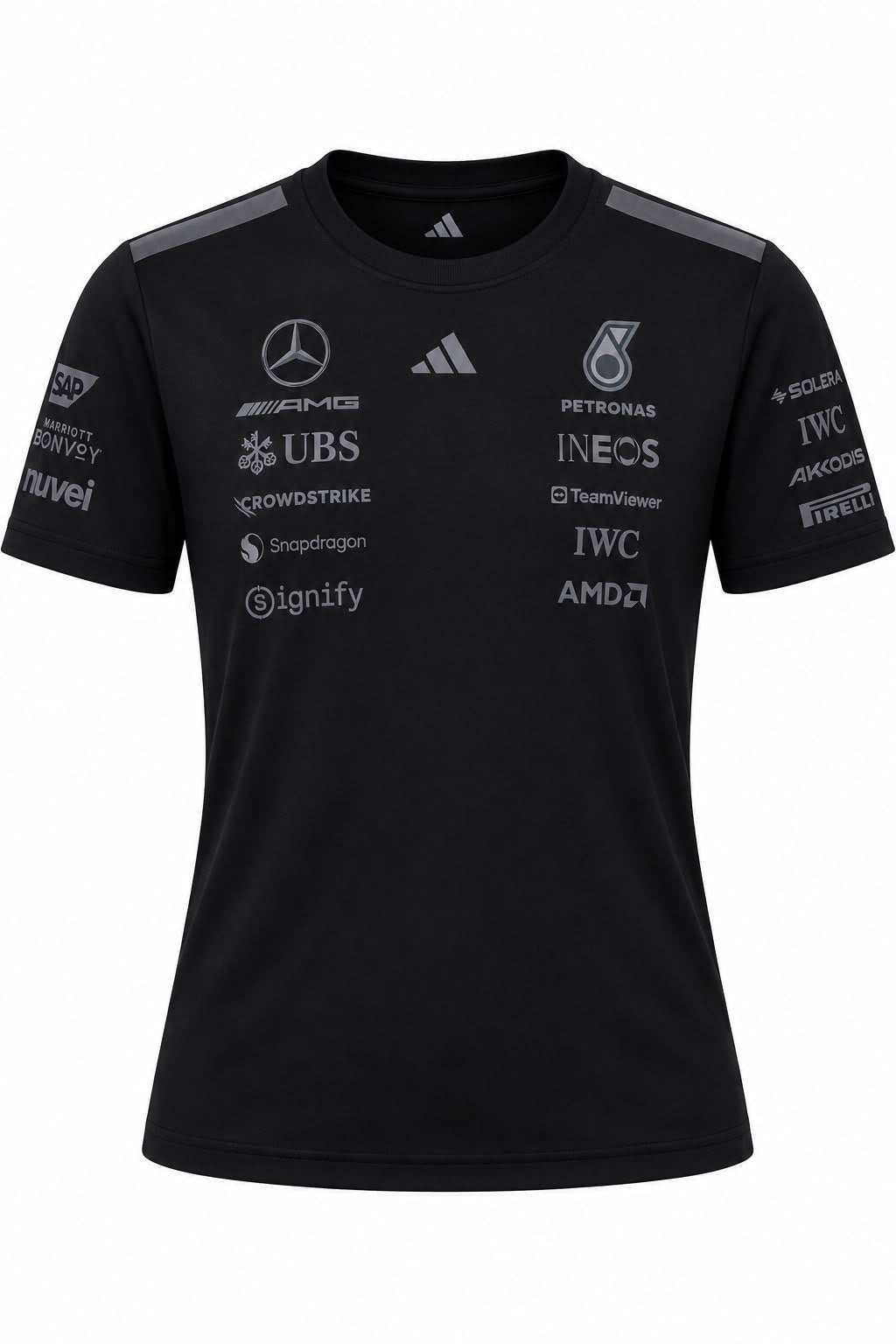Camiseta corte femenino DERRAPA Mercedes-AMG Petronas Negro con logos gris oscuro, vista frontal, sobre fondo blanco