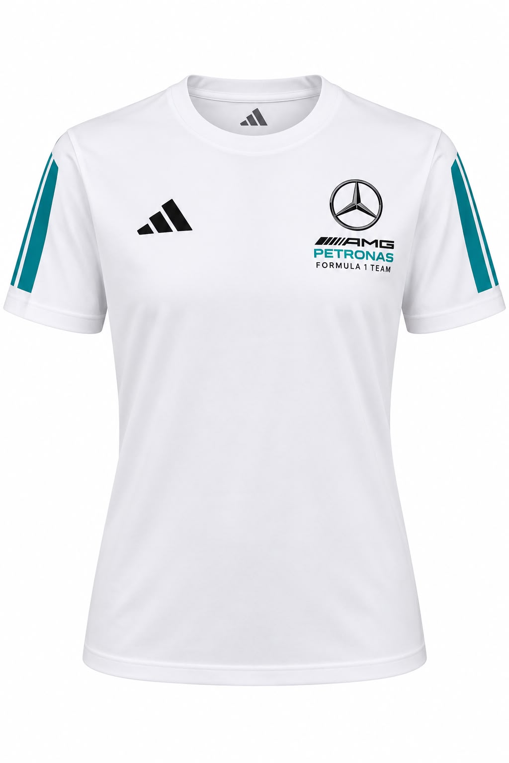 Camiseta corte femenino DERRAPA Mercedes-AMG Petronas Blanco con franjas turquesa, vista frontal, sobre fondo blanco