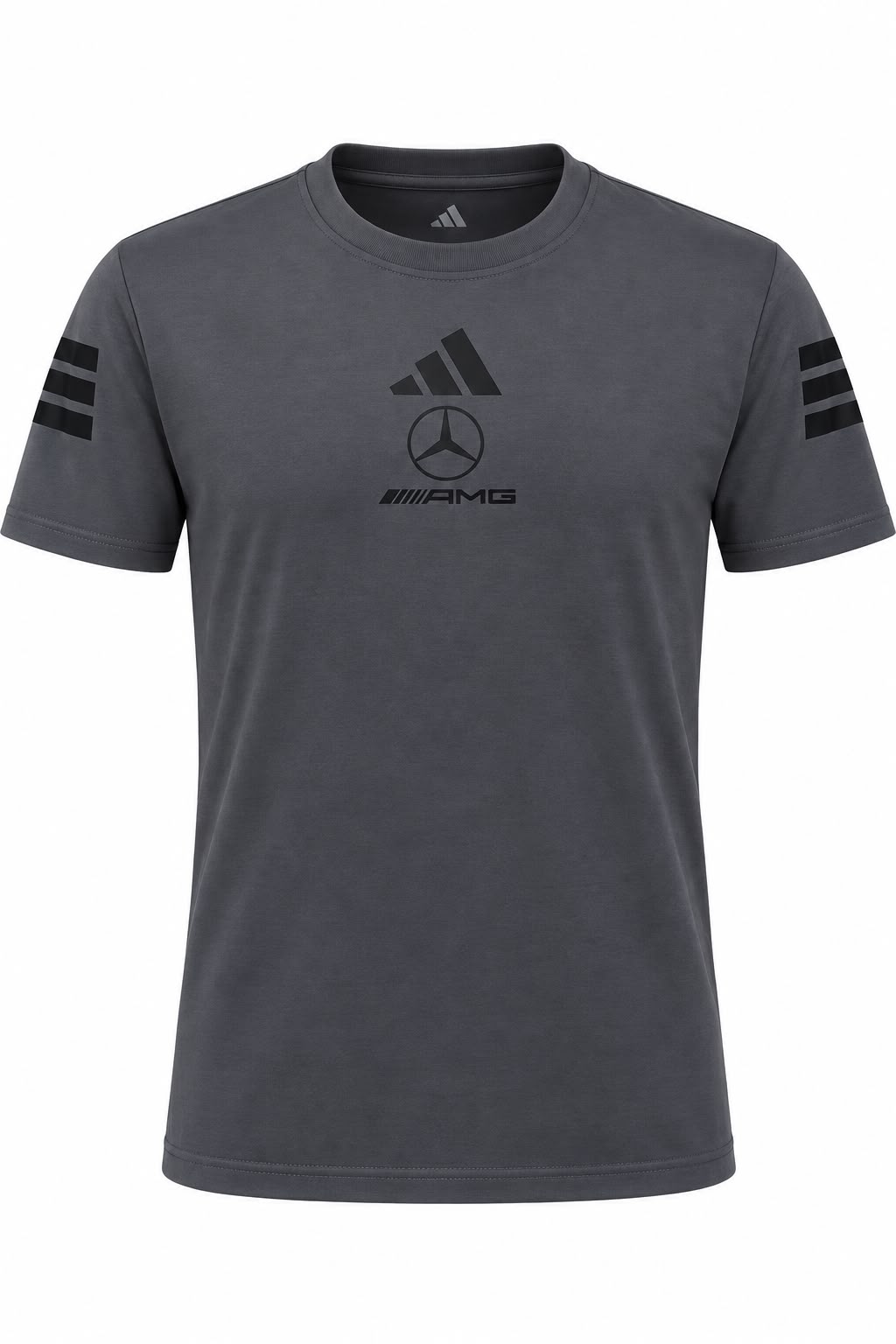 Camiseta DERRAPA Mercedes-AMG Gris oscuro con logos negros, vista frontal, sobre fondo blanco