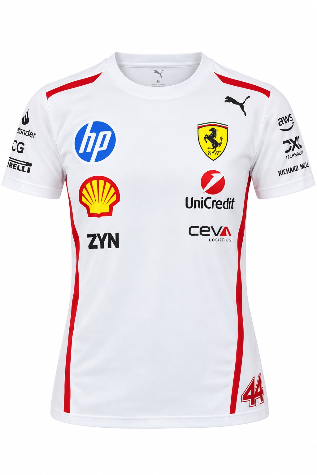Camiseta corte femenino DERRAPA Ferrari Blanco con líneas rojas, vista frontal, sobre fondo blanco