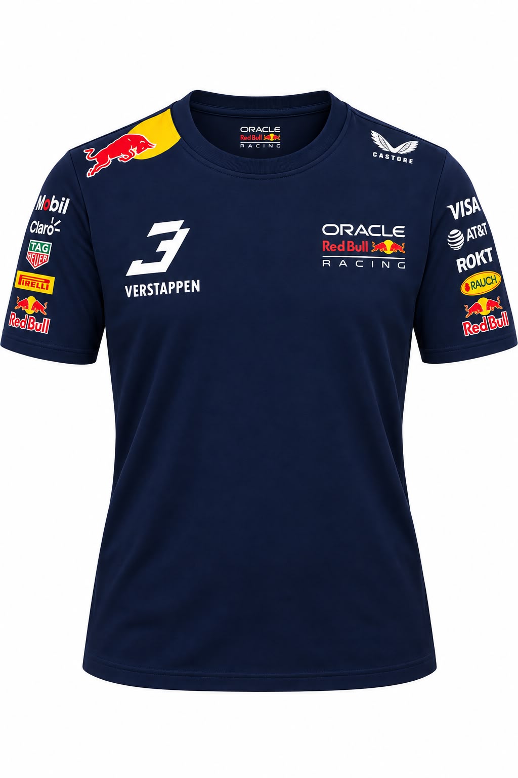 Camiseta corte femenino DERRAPA Oracle Red Bull Racing Azul oscuro, vista frontal, sobre fondo blanco
