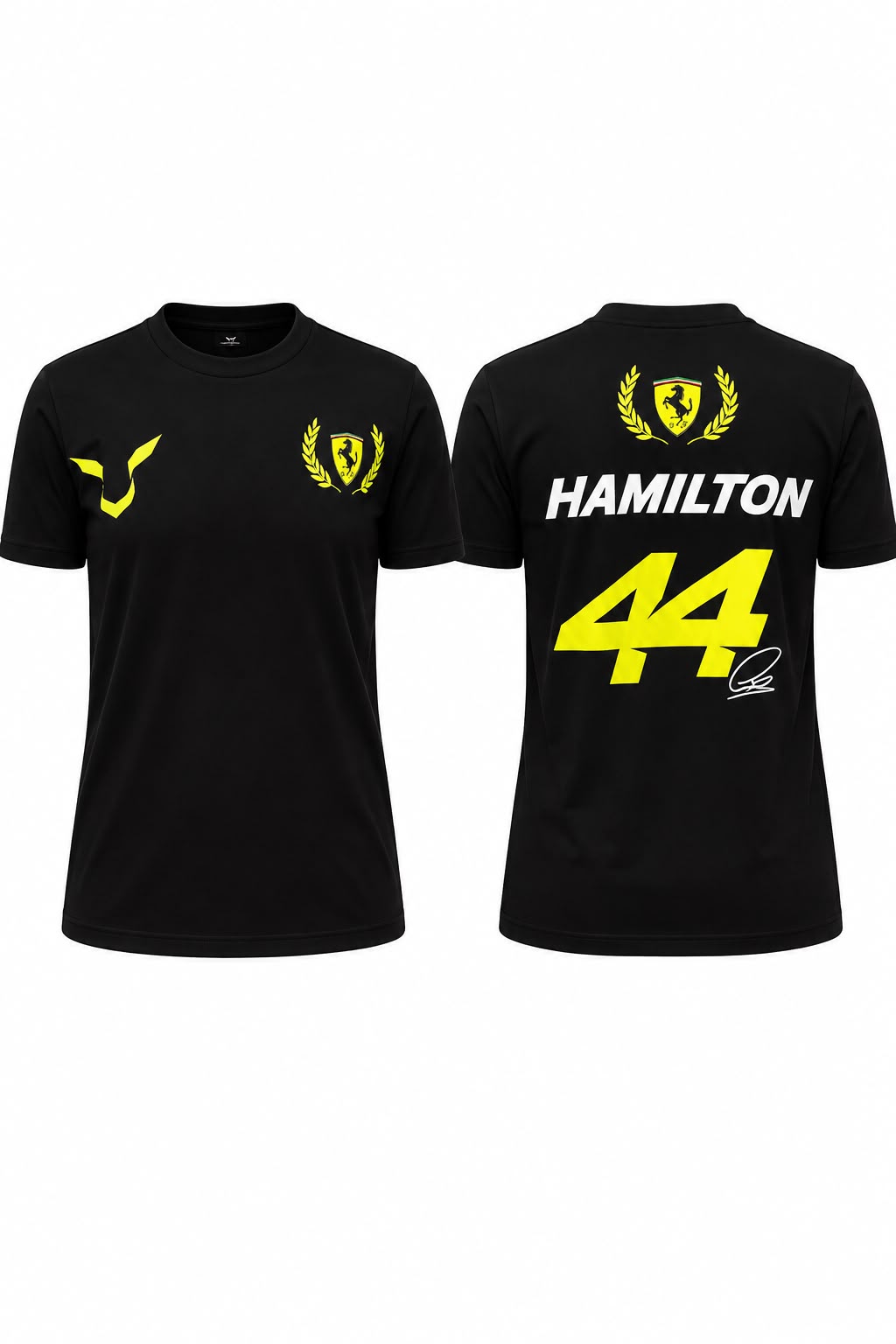 Camiseta corte femenino DERRAPA Ferrari Negro con amarillo, vista frontal, sobre fondo blanco