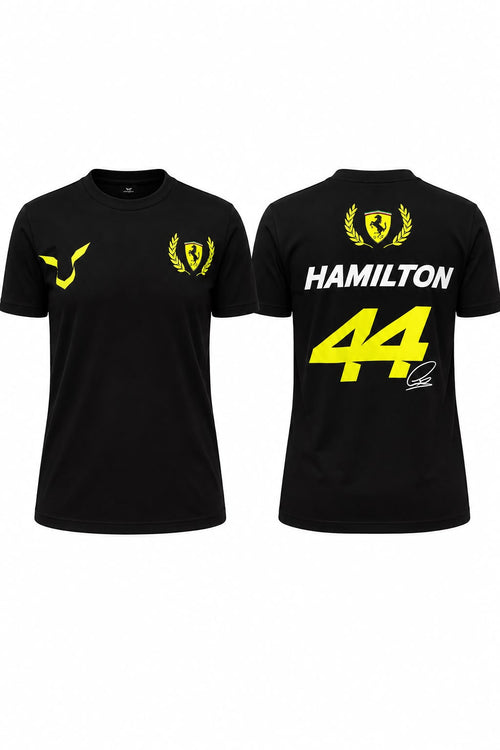 Camiseta corte femenino DERRAPA Ferrari Negro con amarillo, vista frontal, sobre fondo blanco