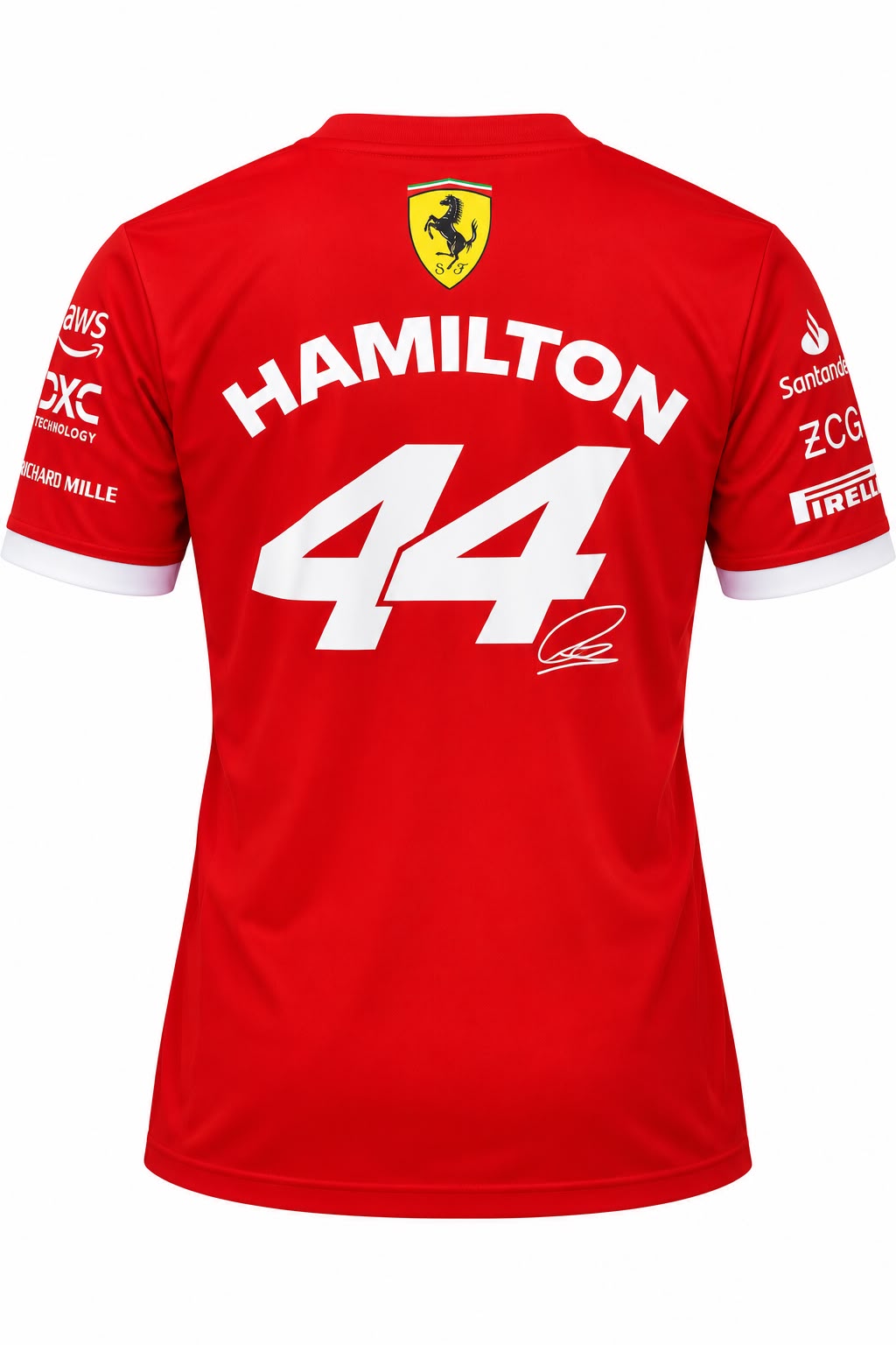 Camiseta corte femenino DERRAPA Ferrari Rojo con puños blancos, vista frontal, sobre fondo blanco