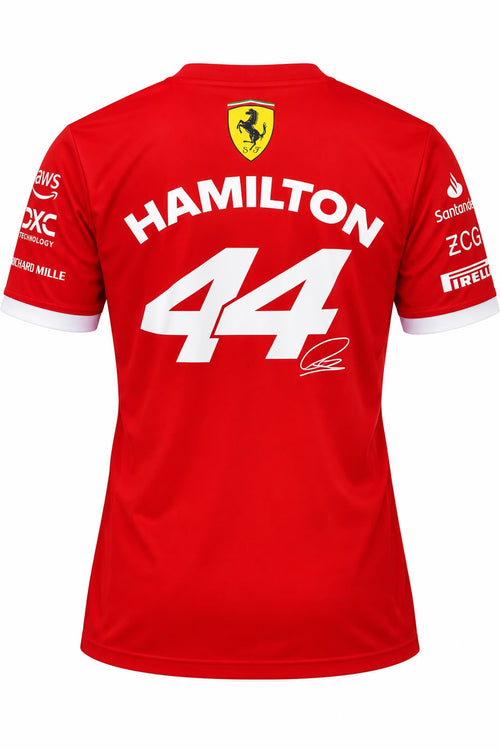 Camiseta corte femenino DERRAPA Ferrari Rojo con puños blancos, vista frontal, sobre fondo blanco